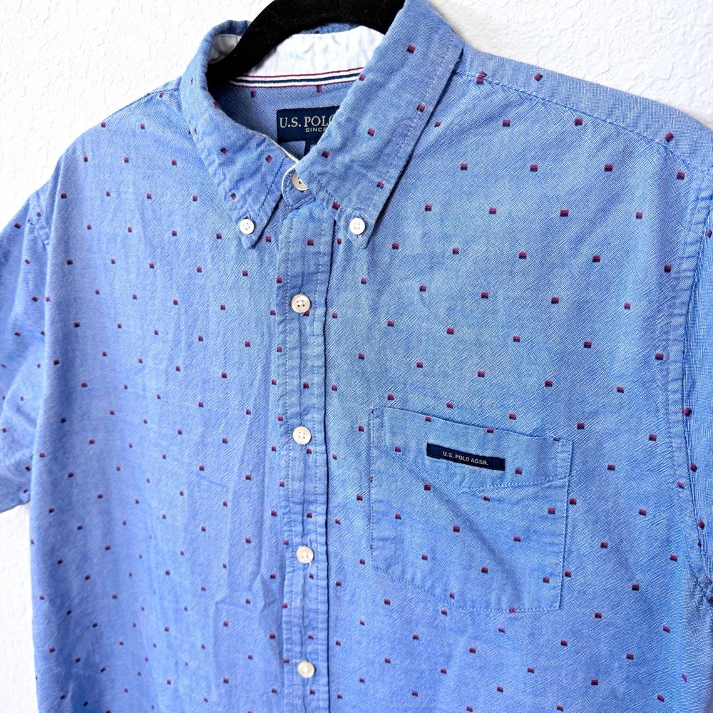 U.S. Polo Assn. Men's M Blue Geometric Button-Down Short Sleeve Cotton Shirt